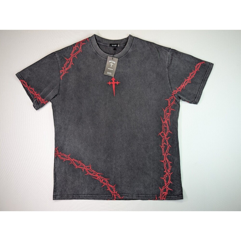 Saint Kaizen Risen Pump Cover T-Shirt Acid Wash Grey Red Thorns Cross NWT 2XL